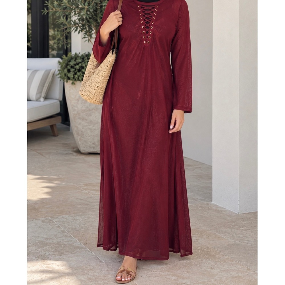 Love J Burgundy Mesh Lace Up Maxi Dress Sheer Cover Up Long Sleeve